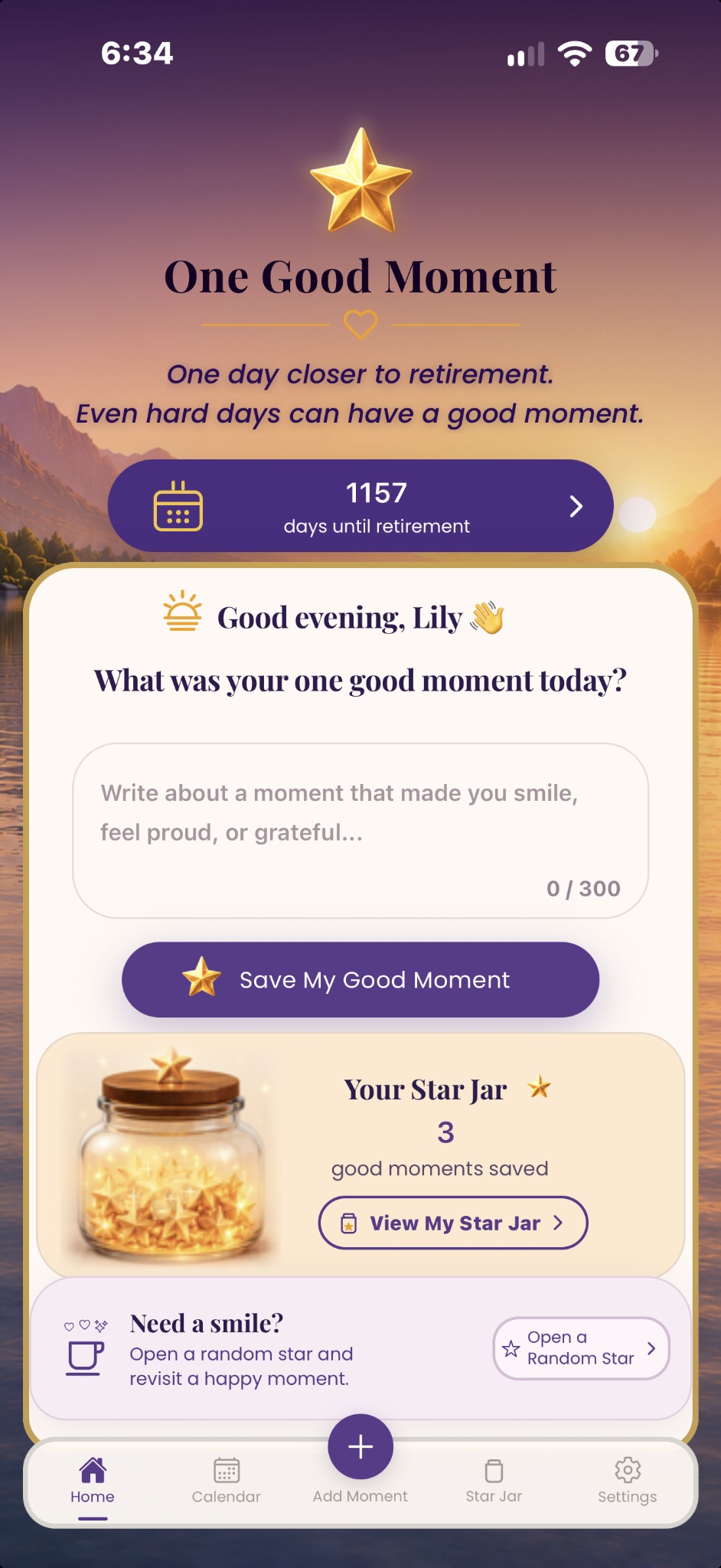 One Good Moment app Home screen